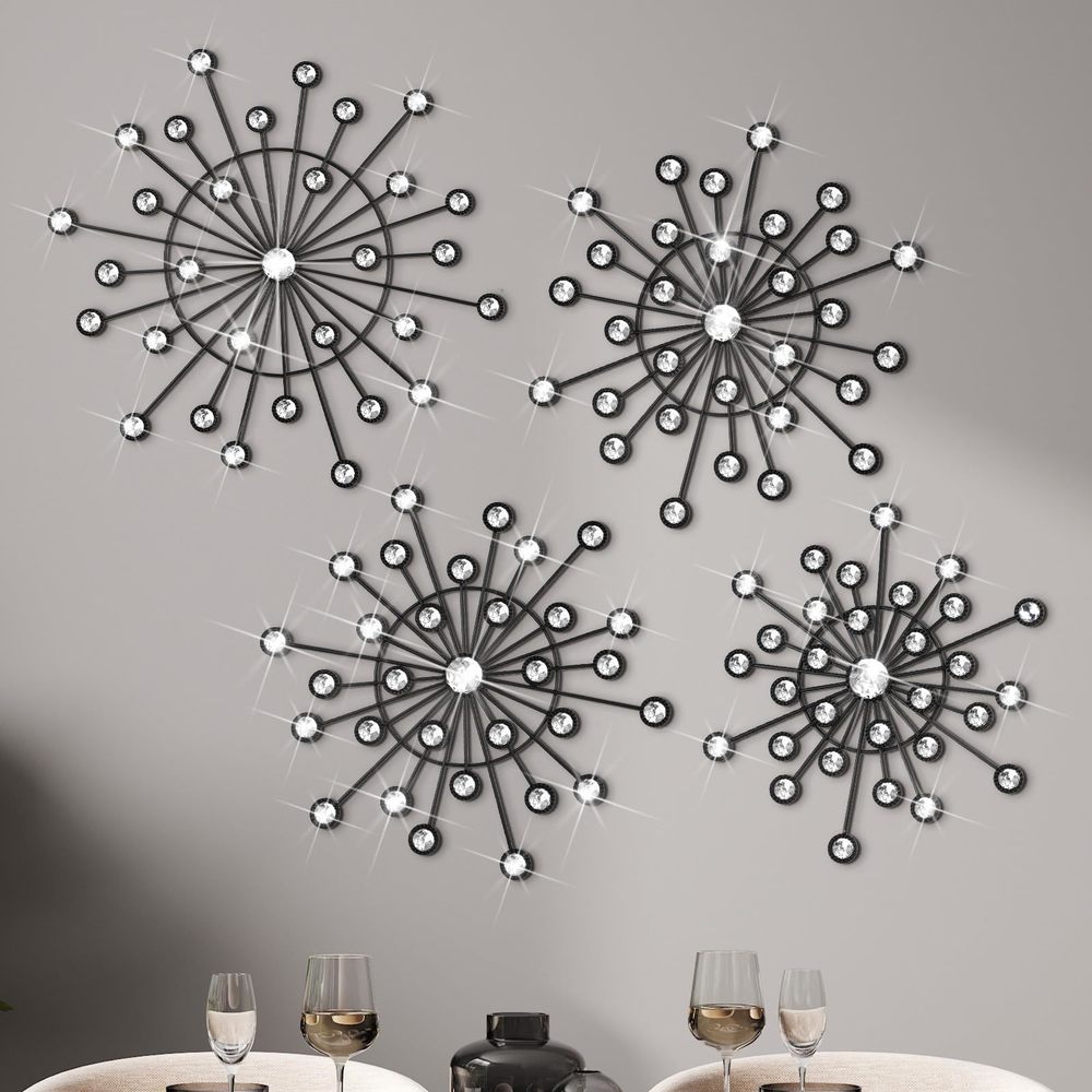 4 Pcs Metal Wall Decor Bling Crystal Wall Art Cast Iron Rhinestones Sunburst🐼